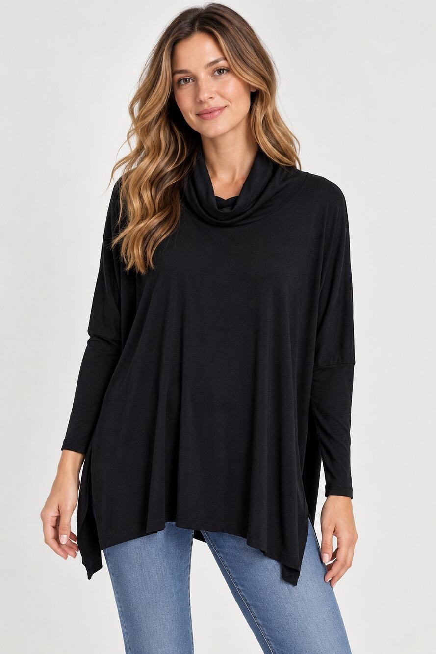 Planet by Lauren G Black Pima Cotton Cowl Neck Oversized Tunic Top One Size